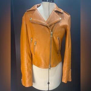 Vintage 100% Lambskin Leather Jacket – Cognac – Size Medium Biker Cropped Style